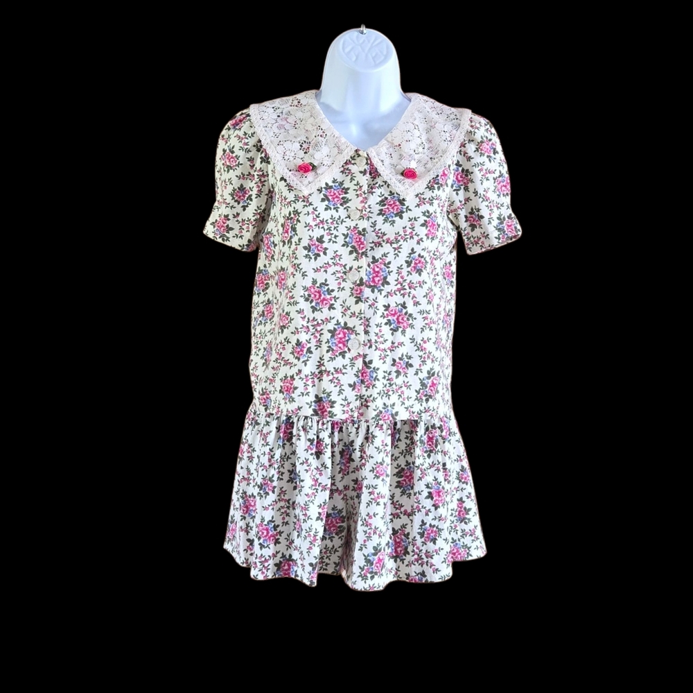 Vintage Girls Dress Floral Romantic Lace Collar Cottagecore Prairie Size M 8/10